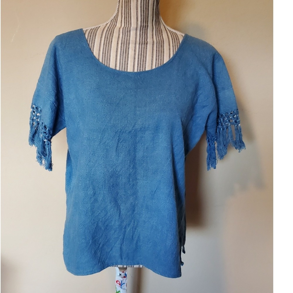 Siempre Viva Blue Woven Macrame Fringe Boho Boxy Top Small
